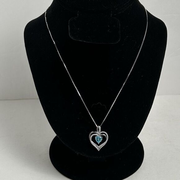 Sterling Silver 925 Heart Pendant Necklace With Blue Rhinestone On 9 Inch Chain - Picture 1 of 3